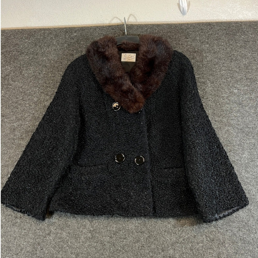 Vintage 60s Winter Product Jacket Womens Large Black Fur Collar Boucle Coat